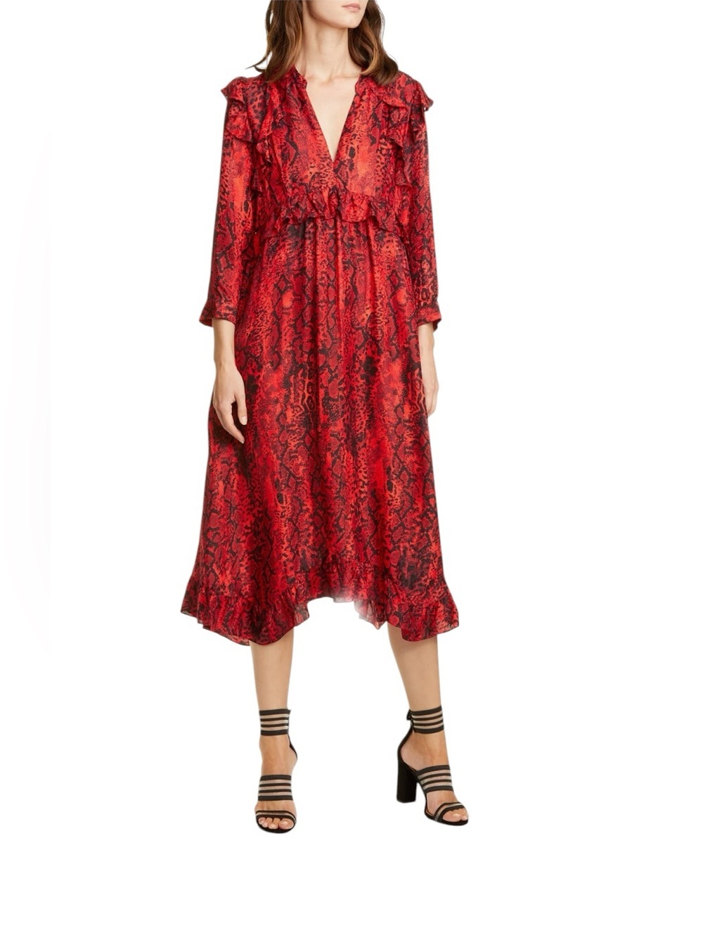 ba&sh - Sahara Snakeskin Print Midi Dress Red Black Ruffle V-Neck 100% Viscose M